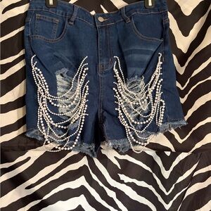 Denim Shorts with Pearl Embellishments